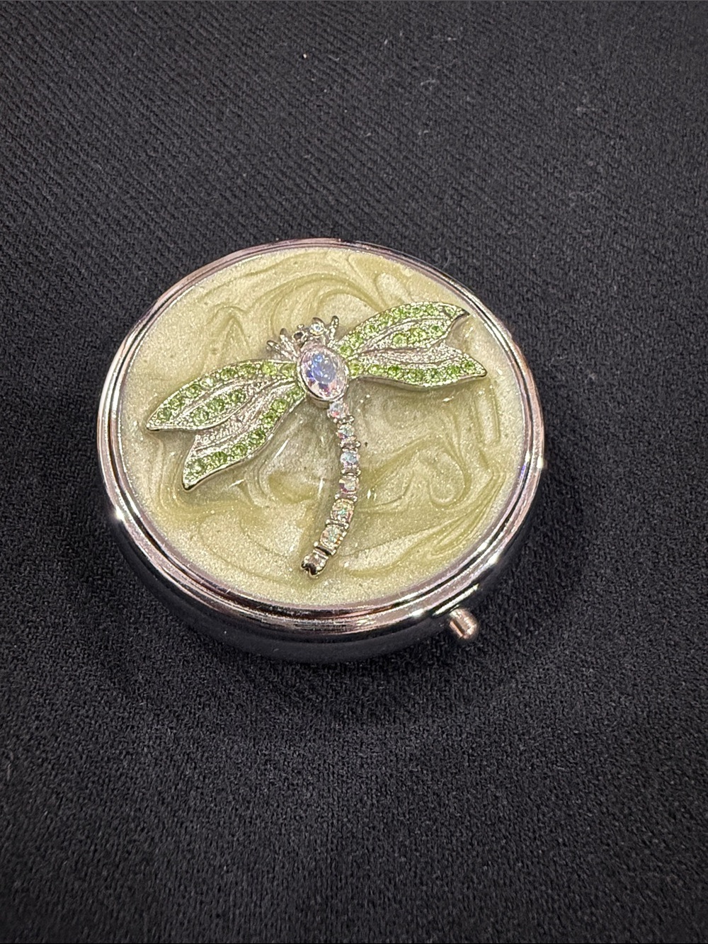Dragonfly Crystal Pill Box - Green and Silver